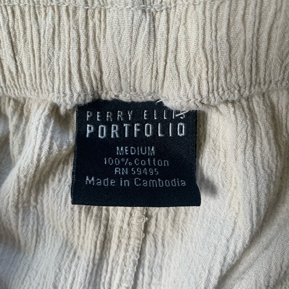 Perry Ellis beige cotton pants pull on women Medium textured pockets Drawstring - Picture 5 of 5